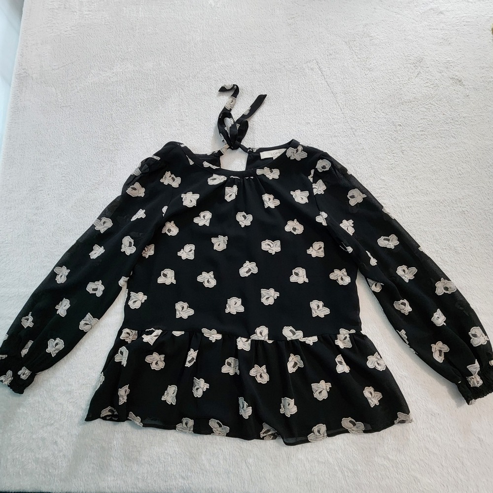 Loft‎ Floral Peplum Blouse Womens Medium Petite MP Black Sheer Layer Long Sleeve - Picture 8 of 15